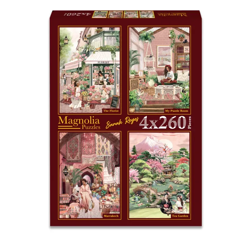 Puzzle 4 Puzzles - Sarah Reyes - The Florist - My Puzzle Room - Marrakech - Tea Garden - 200 à 499 pièces från Magnolia – kartong 1 av 2