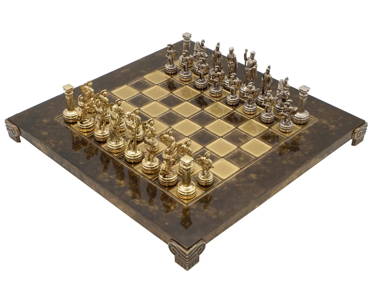 Grieks-Romeins Leger metalen Schaakset met Houten Opbergkist voor schaakstukken - Klein de Manopoulos – boîte