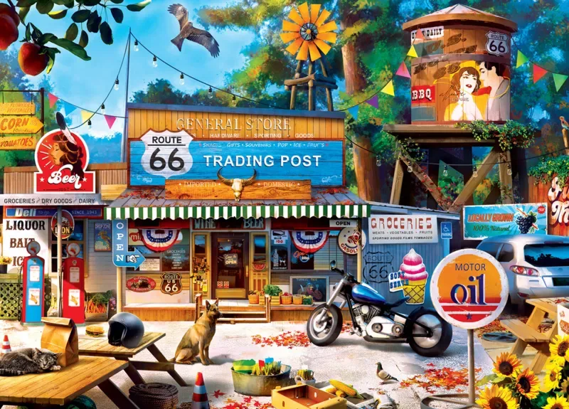 Puzzle Cruisin‘ Rt66 - Poste De Traite Sur La Route 66 - 1000 pièces fra Master Pieces – æske