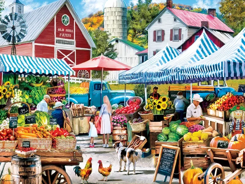 Puzzle Farmer's Market - Stand De La Ferme Old Mill - 500 à 999 pièces fra Master Pieces – æske 1 af 2