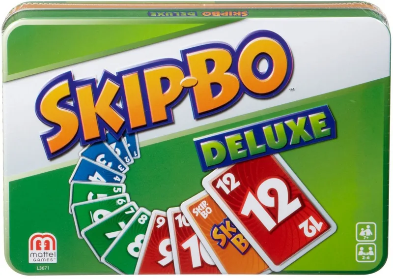 Spiel Skip-Bo Deluxe Metallbox van Mattel Games, editie Bunt – doos