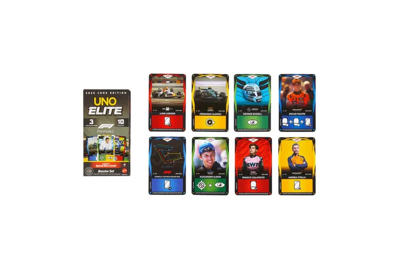 Spiel UNO Elite F1 Booster-Set, Kartenspiel, Ergänzung zu UNO Elite F1 Starter-Set von Mattel Games, Ausgabe Bunt – Schachtel