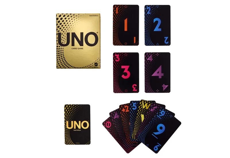 Spiel UNO Gold-Edition, Familienspiel von Mattel Games, Ausgabe Bunt – Schachtel
