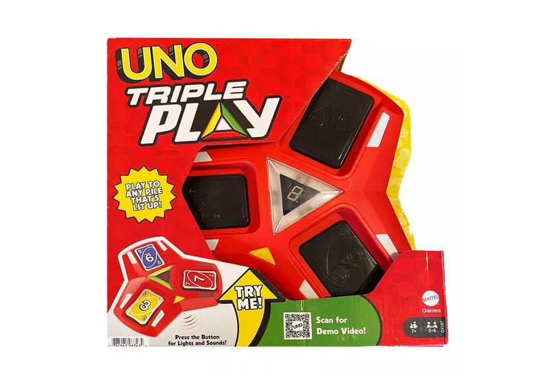 Spiel UNO Triple Play – Kartenspiel, 1, UNO Triple Play – Das ultimative Kartenspiel für dreifachen Spaß! von Mattel Games, Ausgabe Schwarz – Schachtel