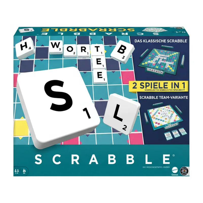 SPIELE Scrabble Zwei-in-Eins Doppelseitiges Brettspiel für schnelles, lockeres und kooperatives Spiel, inklusive 50 Zielkarten für Scrabble Together, einfache Punktevergabe, HWD45 fra Mattel Games – æske