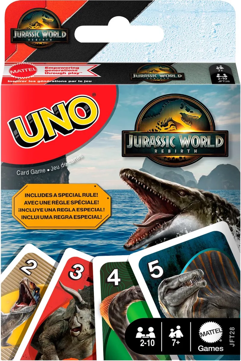 UNO Jurassic World Rebirth Kaartspel van Mattel Games – doos