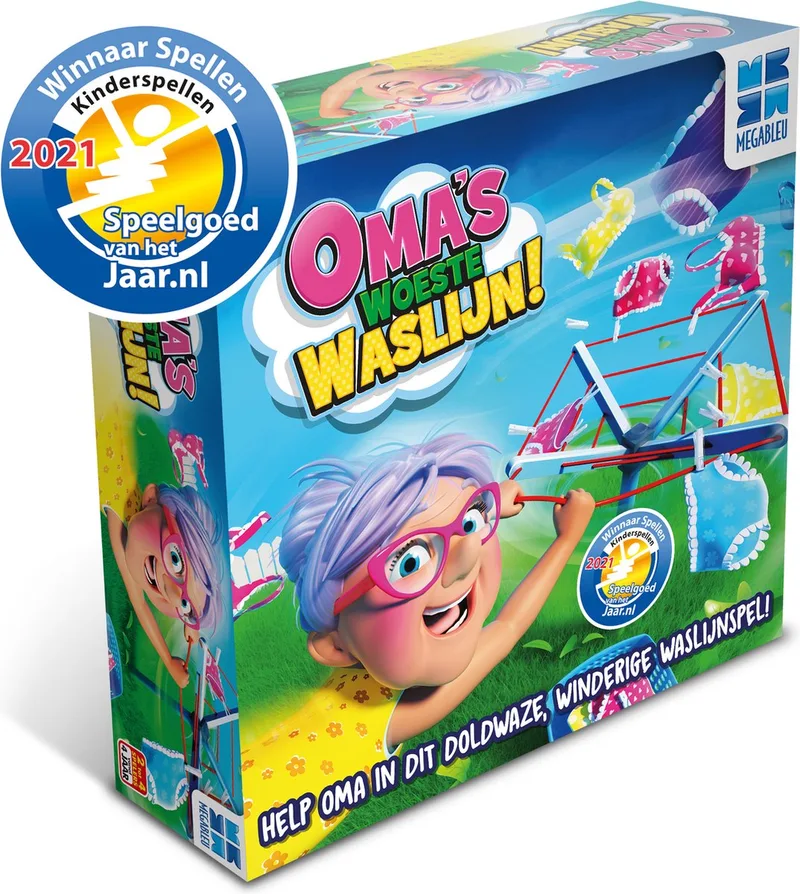 Oma's Woeste Waslijn - Grappig Actiespel voor Kinderen - Vanaf 4 Jaar - 2-4 Spelers - Kinderspel met Draaiende Waslijn von Megableu – Schachtel