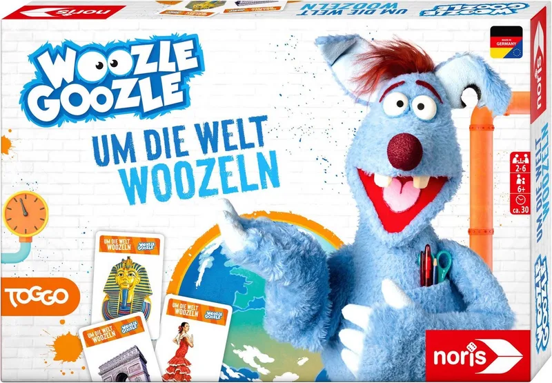 Spiel Wooozle Goozle, Um die Welt woozlen!, Lernspiel, Made in Germany van Noris, editie Bunt – doos