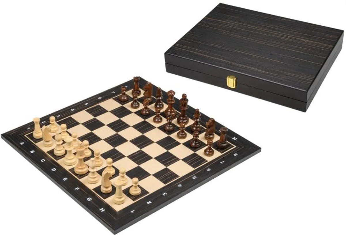 schaakset toernooi zwart met houten doos voor schaakstukken. de Philos – boîte