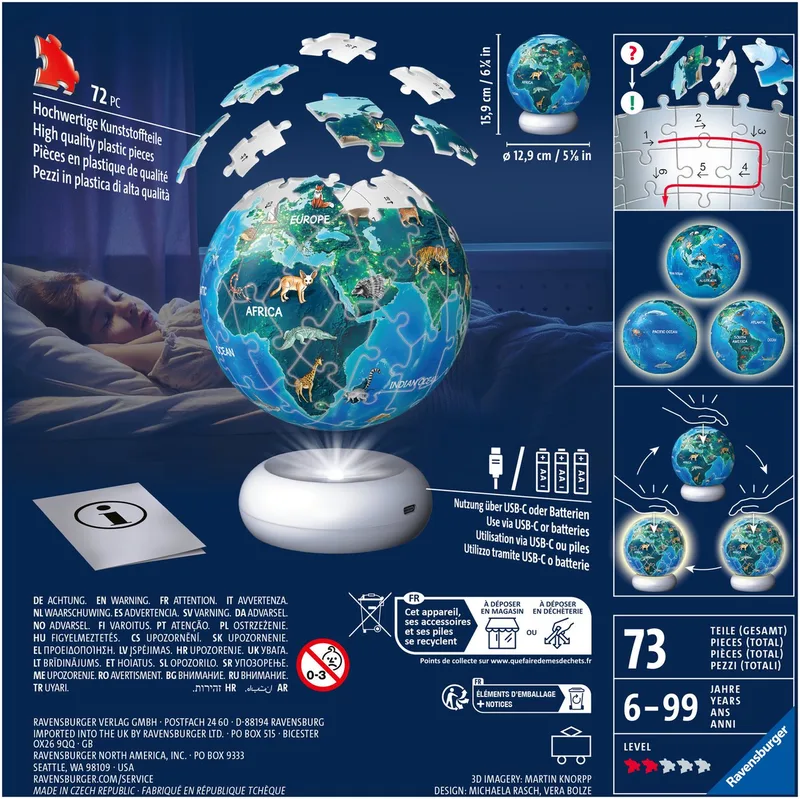 Aarde met Diermotieven – 3D Puzzle-Ball Nachtlicht – 73 Stukjes from Ravensburger, Multicolour edition – box 4 of 4