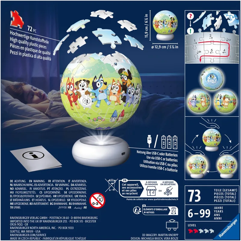 Bluey – 3D Puzzle-Ball Nachtlicht – 73 Stukjes de Ravensburger, édition Multicolore – boîte 3 sur 4
