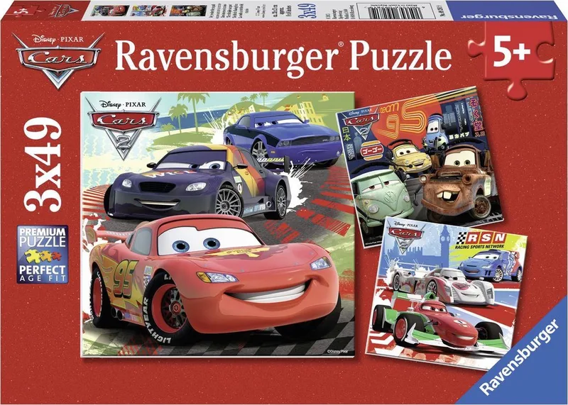 Disney Cars. Wereldwijde race pret- Drie puzzels van 49 stukjes - kinderpuzzel from Ravensburger, Green edition – box