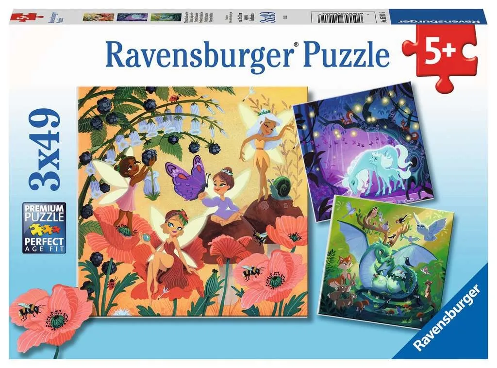 Eenhoorn, Draak en Fee 3 in 1 (3 x 49 Stukjes) von Ravensburger – Schachtel