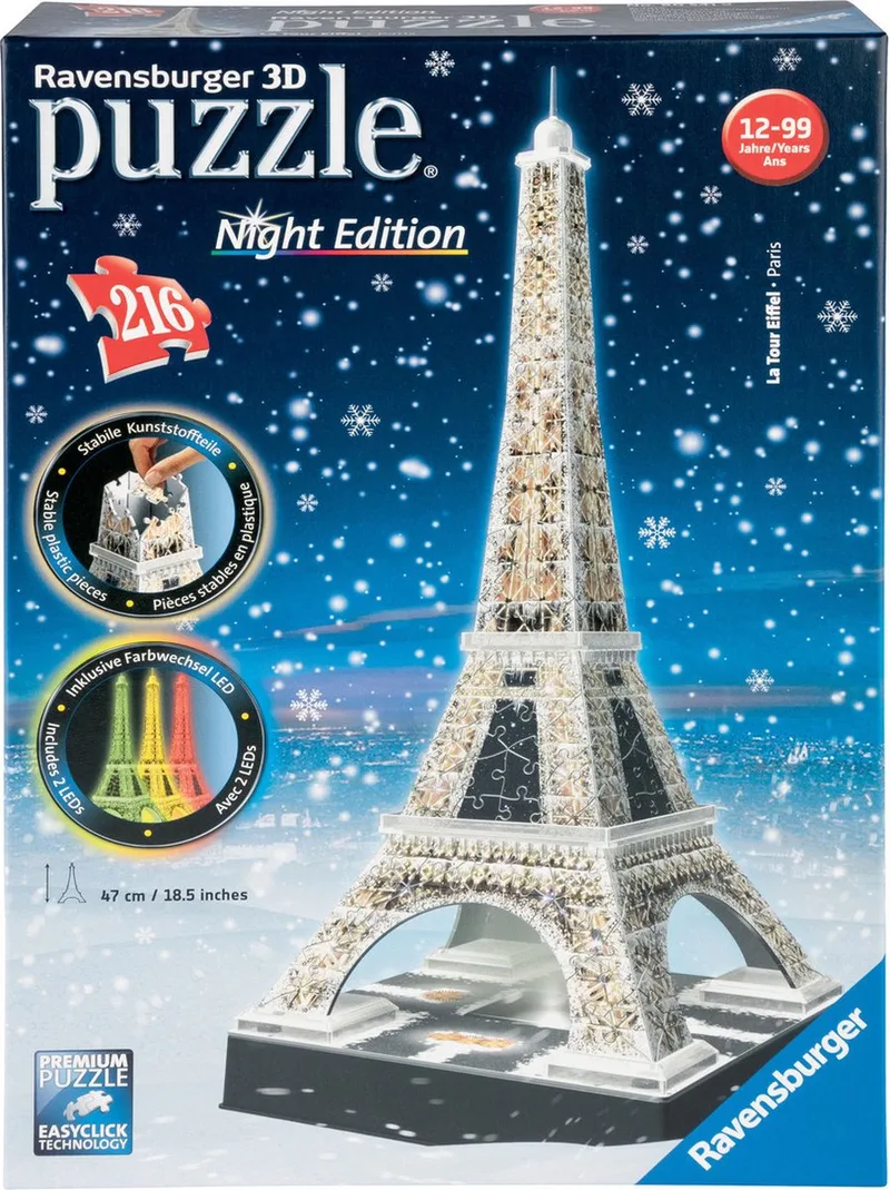Eiffeltoren Night Edition- 3D puzzel gebouw - 216 stukjes van Ravensburger, editie Meerkleurig – doos