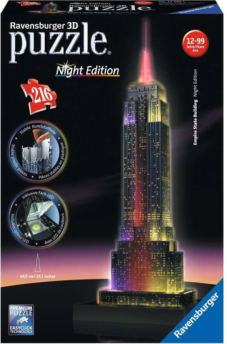 Empire State Building Night Edition - 3D Puzzel gebouw van 216 stukjes van Ravensburger, editie Meerkleurig – doos