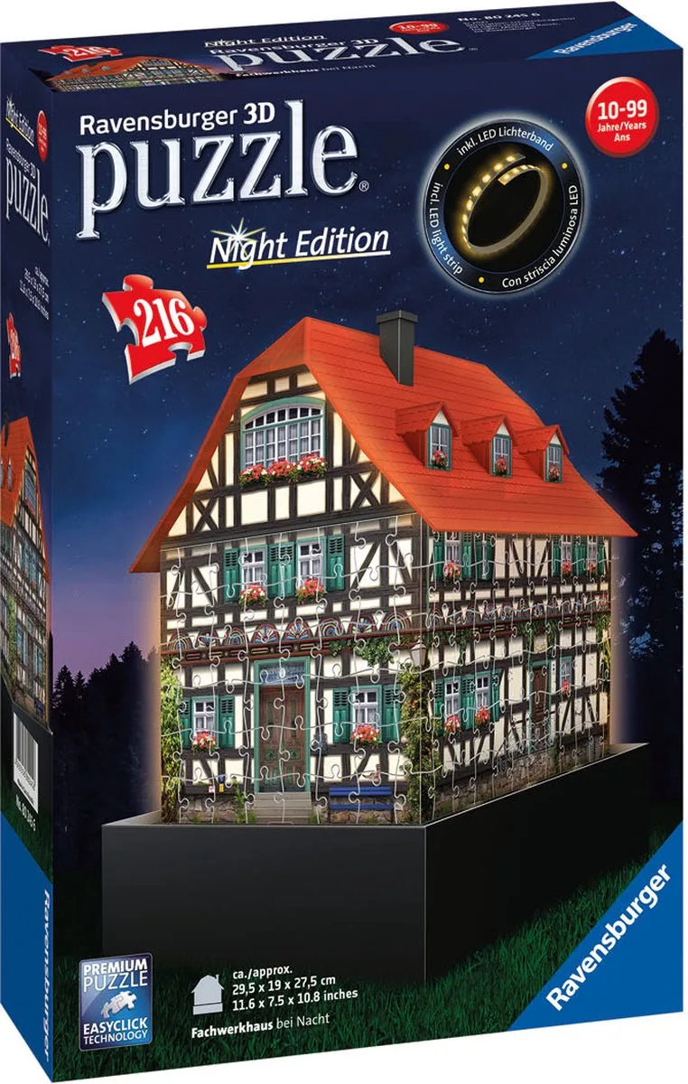 Fachwerkhaus Night Edition- 3D puzzel gebouw - 216 stukjes from Ravensburger, Blue, Black, Beige edition – box