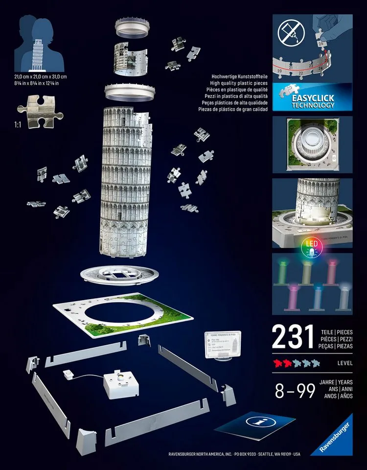 Iconics: Scheve Toren van Pisa met licht - 3D Puzzel - 216 Stukjes - Bouwset voor kinderen vanaf 8 jaar from Ravensburger, Multicolour edition – box 2 of 5