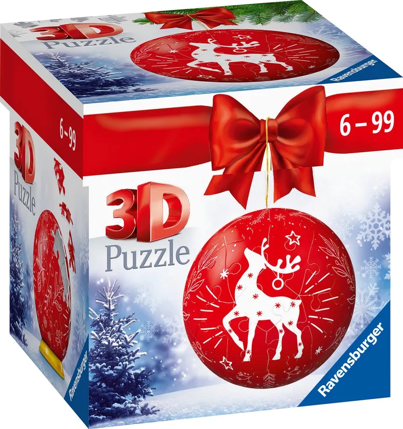 Kerstbal Rendier- 3D Puzzel - Puzzleball - 54 stukjes van Ravensburger, editie Rood – doos