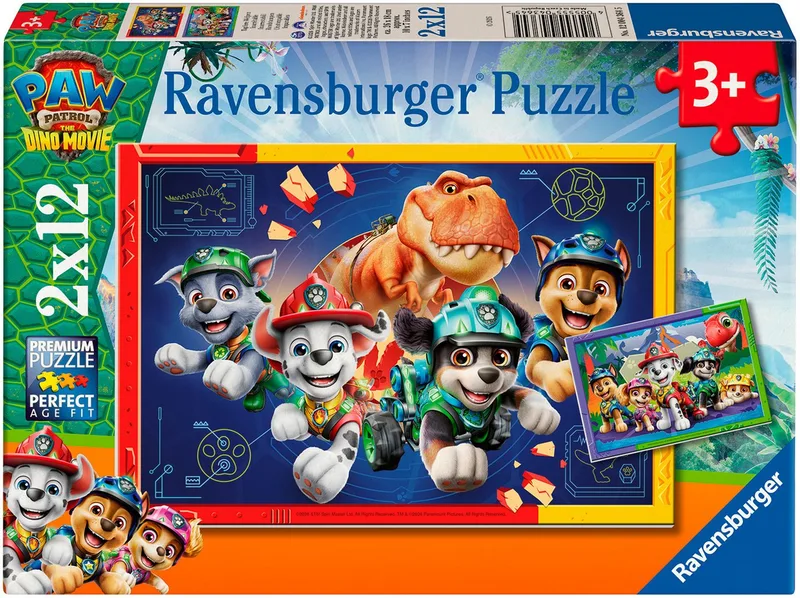 Kinderpuzzel - Paw Patrol 3 - Dino Movie - 2 in 1 Puzzel - Kinderpuzzel 2 x 12 Stukjes - Vanaf 3 Jaar fra Ravensburger, Flerfarvet-udgave – æske