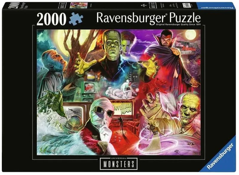 legpuzzel Universal Monsters 2000 stukjes film puzzel. fra Ravensburger, Flerfarvet-udgave – æske