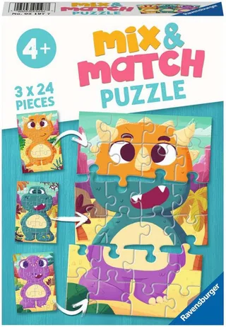 Mix & Match puzzel Schattige dino´s - Legpuzzel - 3x24 stukjes von Ravensburger, Ausgabe Mehrfarbig – Schachtel 1 von 4
