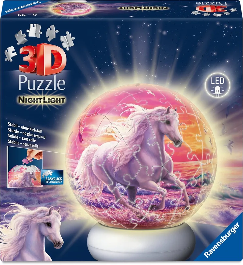 Paarden aan het Strand – 3D Puzzle-Ball Nachtlicht – 73 Stukjes fra Ravensburger, Flerfarvet-udgave – æske 1 af 4