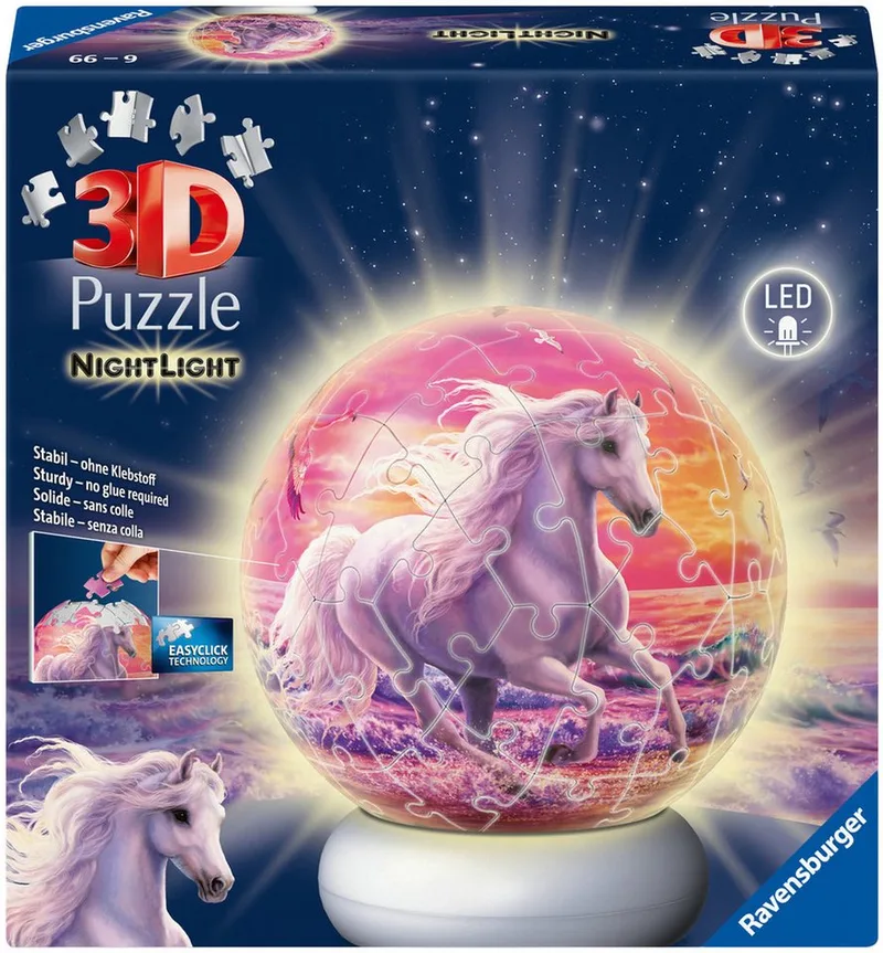 Paarden aan het Strand – 3D Puzzle-Ball Nachtlicht – 73 Stukjes fra Ravensburger, Flerfarvet-udgave – æske 3 af 4