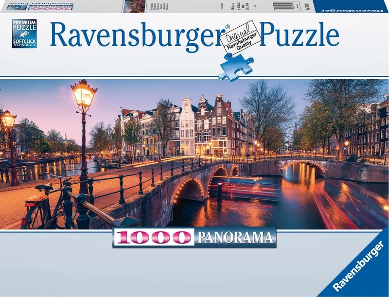 Panorama Puzzel Avond in Amsterdam - Legpuzzel - 1000 stukjes van Ravensburger, editie Meerkleurig – doos