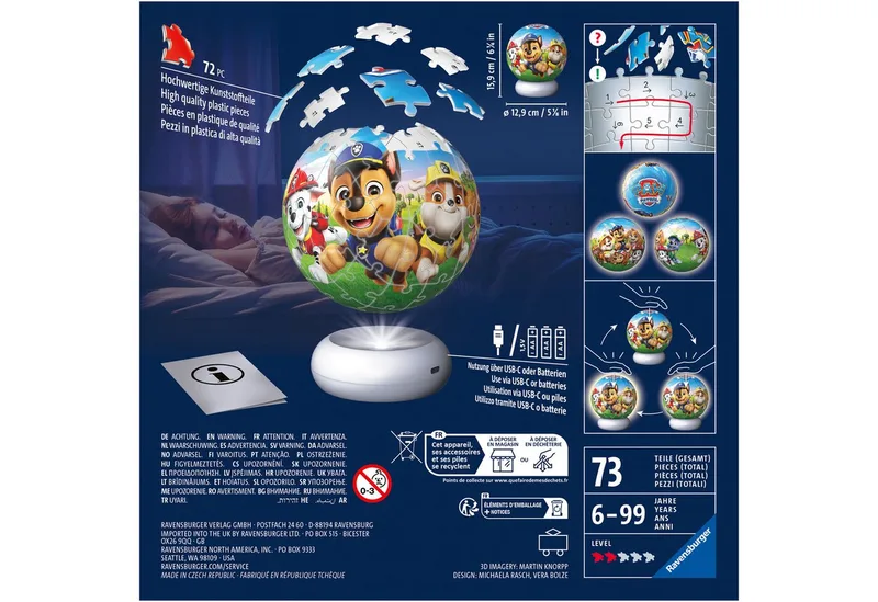 Paw Patrol 3D Puzzle Nachtlampje 72 Stukjes | Verlichte Puzzelbal | Kinderkamer Lamp vanaf 6 Jaar van Ravensburger, editie Meerkleurig – doos 4 van 4