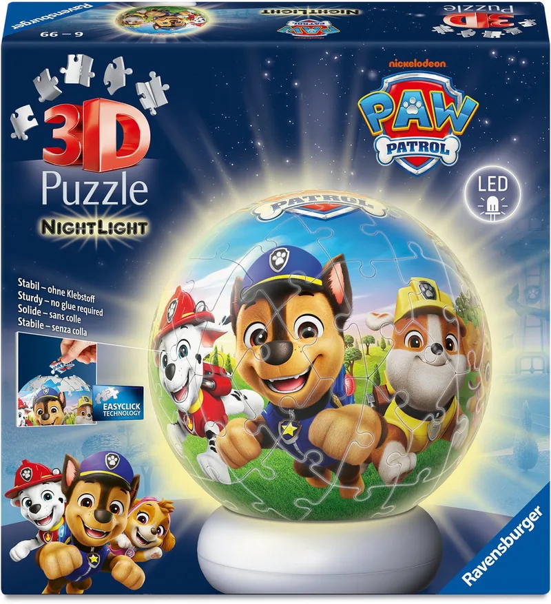 Paw Patrol 3D Puzzle Nachtlampje 72 Stukjes | Verlichte Puzzelbal | Kinderkamer Lamp vanaf 6 Jaar van Ravensburger, editie Meerkleurig – doos 1 van 4