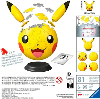 Pokémon Pikachu met Oren 3D Puzzelbal - 72 Stukjes - Vanaf 6 Jaar von Ravensburger, Ausgabe Mehrfarbig – Schachtel 2 von 5