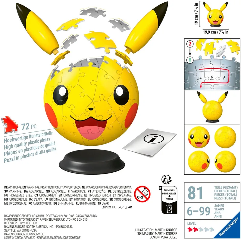 Pokémon Pikachu met Oren 3D Puzzelbal - 72 Stukjes - Vanaf 6 Jaar von Ravensburger, Ausgabe Mehrfarbig – Schachtel 2 von 5
