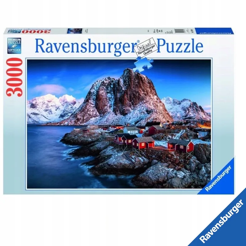 Puzzel 3000 Stukjes Hamnøy Lofoten van Ravensburger, editie Blauw – doos