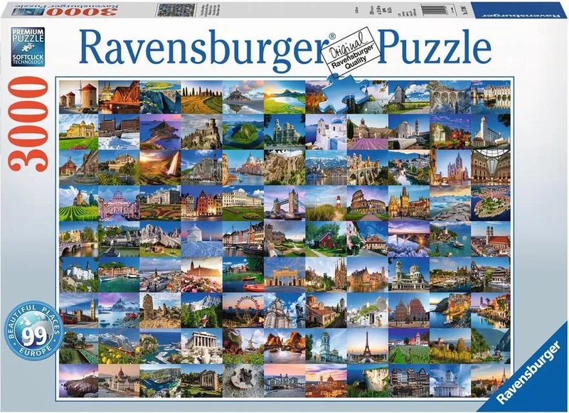 puzzel 99 mooie plekken in Europa - legpuzzel - 3000 stukjes fra Ravensburger, Flerfarvet-udgave – æske 1 af 2