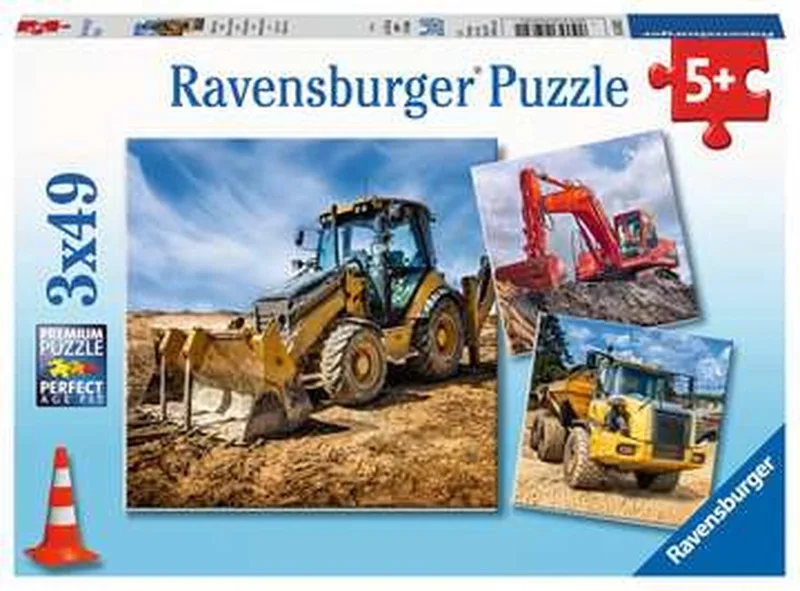puzzel Bouwmachines aan het werk - Drie puzzels - 49 stukjes - kinderpuzzel van Ravensburger, editie Meerkleurig – doos