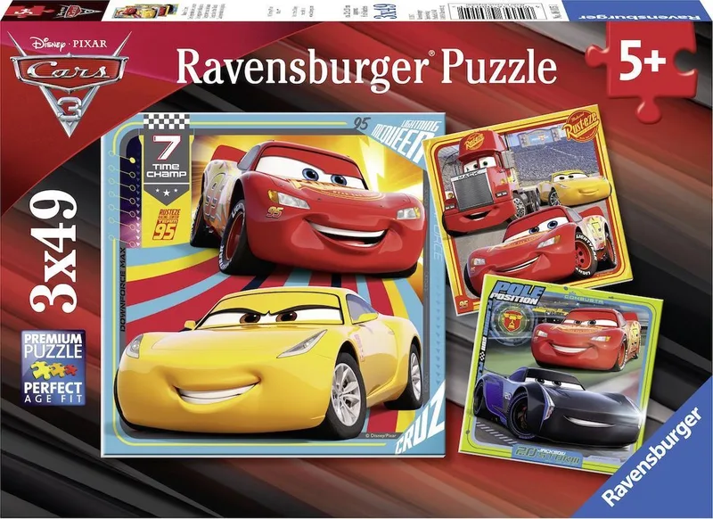 puzzel Cars 3 Legendes van de baan - 3x49 stukjes - kinderpuzzel van Ravensburger, editie Meerkleurig – doos
