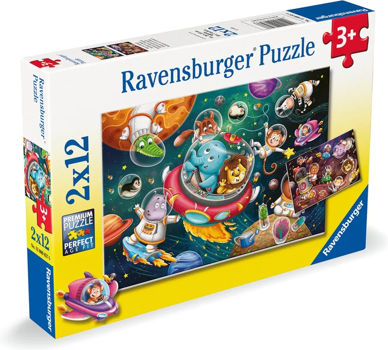 puzzel Diren in de ruimte - Twee puzzels - 12 stukjes - kinderpuzzel van Ravensburger, editie Meerkleurig – doos