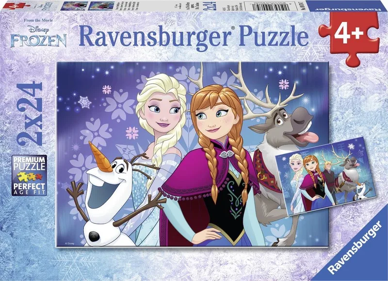 puzzel Disney Frozen Noorderlichten - Twee puzzels - 24 stukjes - kinderpuzzel van Ravensburger, editie Blauw – doos