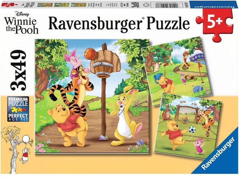 puzzel Disney Winnie the Pooh Sportdag - 3x49 stukjes - Kinderpuzzel van Ravensburger, editie Meerkleurig – doos