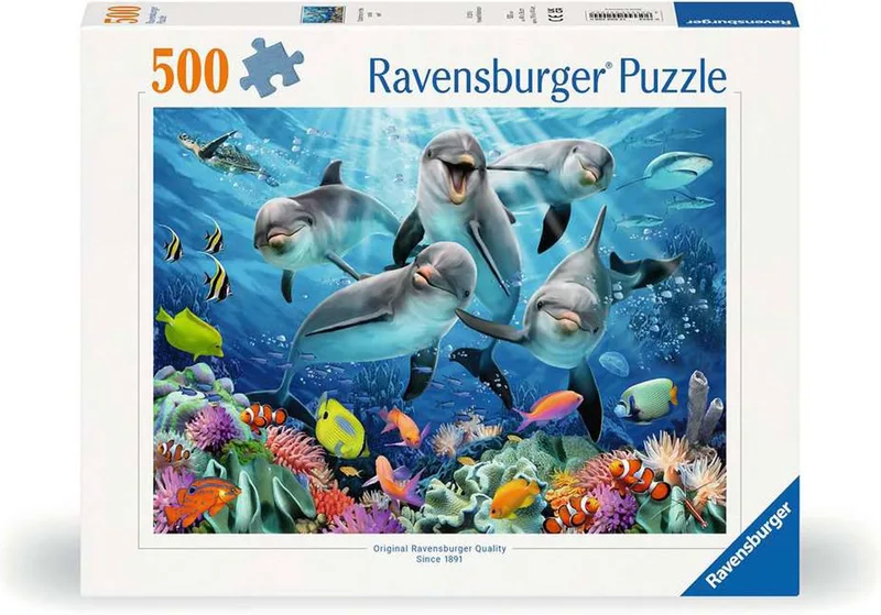 puzzel Dolfijnen in het koraalrif - Legpuzzel - 500 stukjes van Ravensburger, editie Meerkleurig – doos