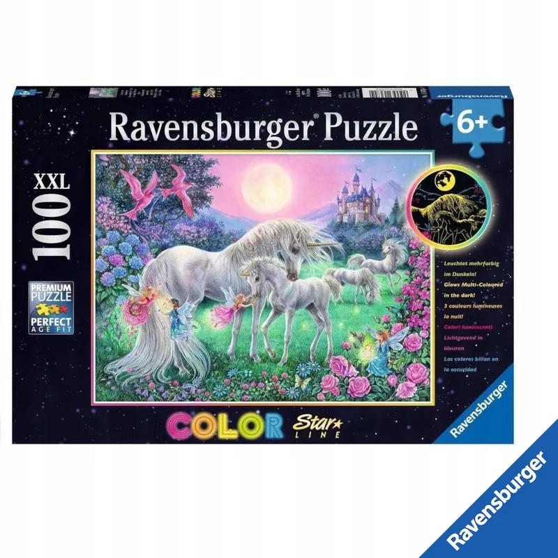 Puzzel Eenhoorns in Maanlicht XXL 100 Stukjes Glow-in-the-Dark van Ravensburger – doos