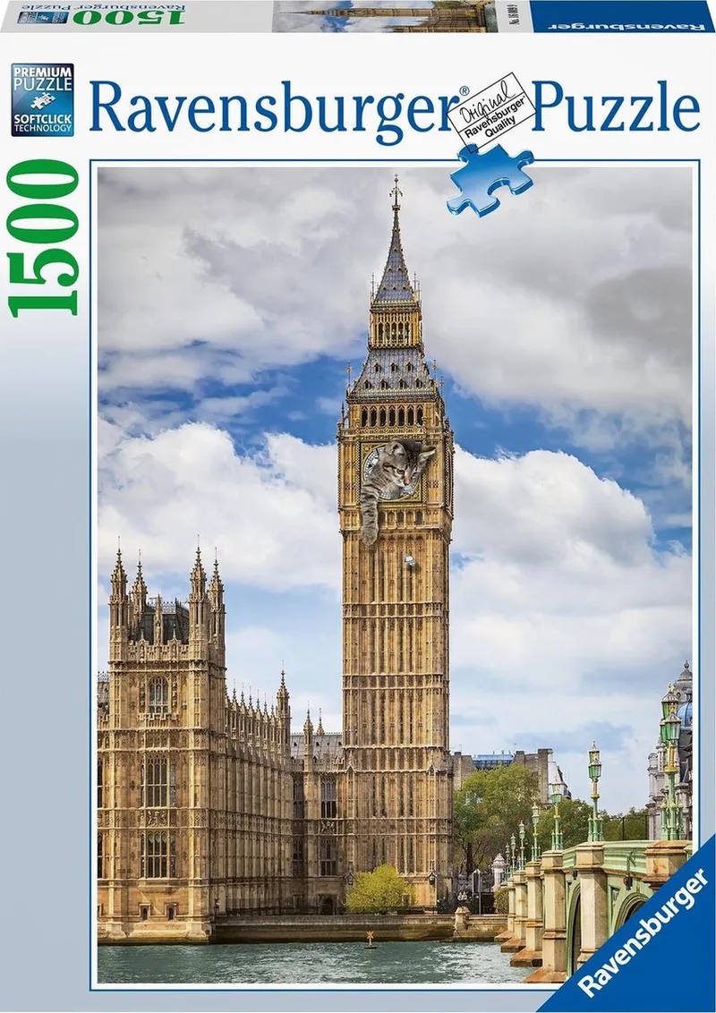 puzzel Grappige kat op de Big Ben - Legpuzzel - 1500 stukjes van Ravensburger, editie Meerkleurig – doos