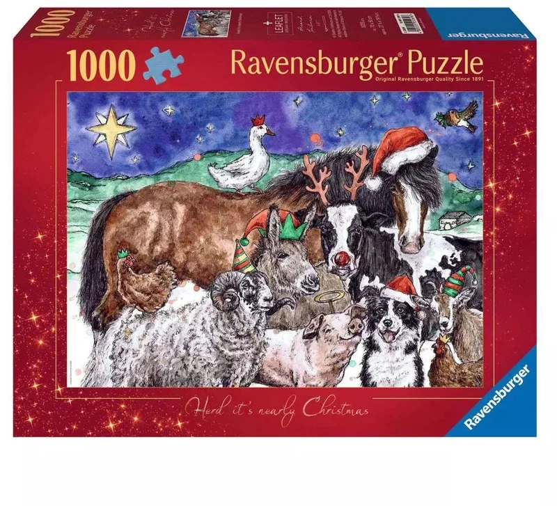 Puzzel Herd it's nearly Christmas 1000 stukjes van Ravensburger, editie Bruin – doos