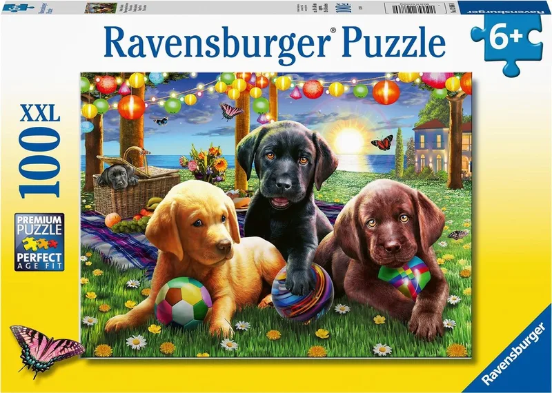 puzzel Honden picknick - Legpuzzel - 100 stukjes van Ravensburger, editie Meerkleurig – doos