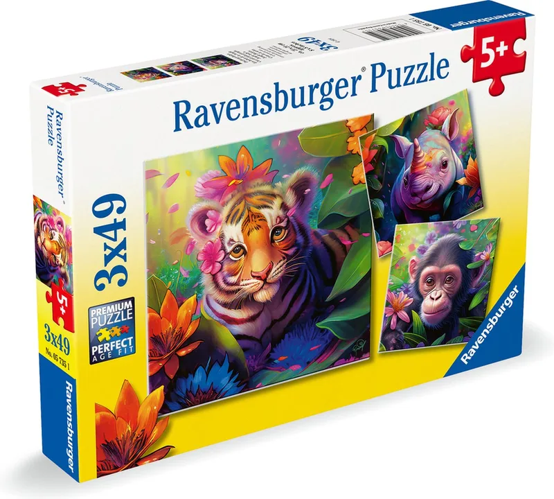 puzzel Jungle Babies - Drie puzzels - 49 stukjes - kinderpuzzel van Ravensburger, editie Meerkleurig – doos