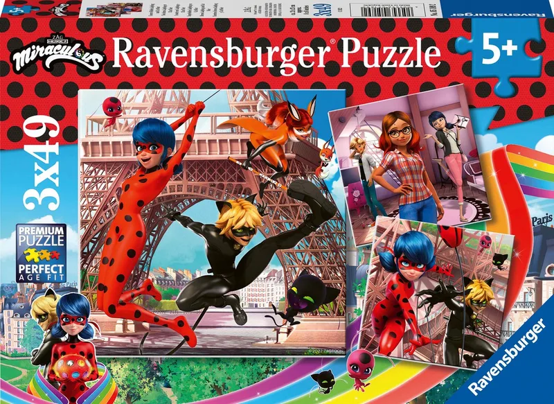 puzzel Miraculous Heroes Lady Bug and Cat Noir - 3x49 stukjes - kinderpuzzel from Ravensburger, Multicolour edition – box