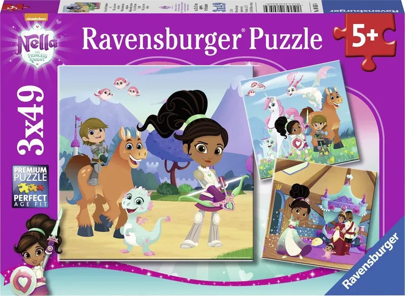 puzzel Nella the Princesss Knight - Drie puzzels - 49 stukjes - kinderpuzzel van Ravensburger, editie Meerkleurig – doos