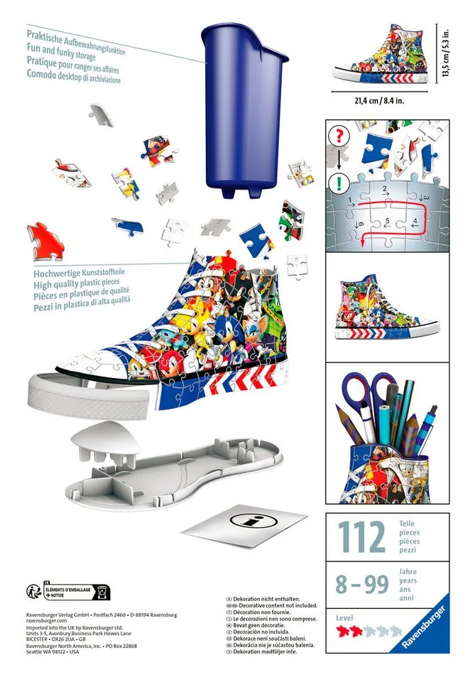 puzzel pennenbak Sonic The Hedgehog sneaker 108 stukjes. van Ravensburger, editie Meerkleurig – doos 2 van 4