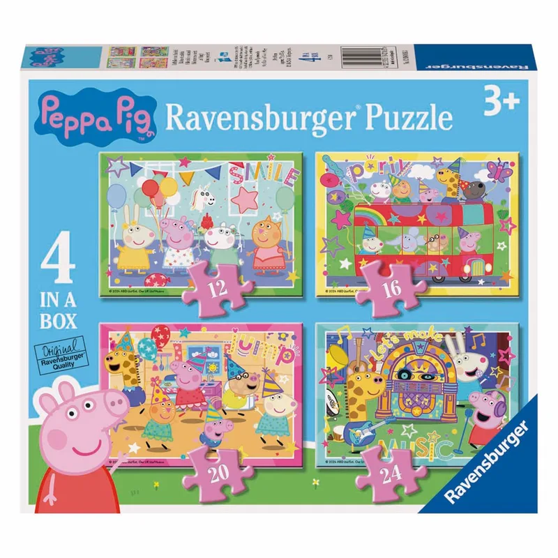 puzzel Peppa Pig - Legpuzzel - 12, 16, 20, 24 stukjes fra Ravensburger, 4 in a box (versie 2)-udgave – æske