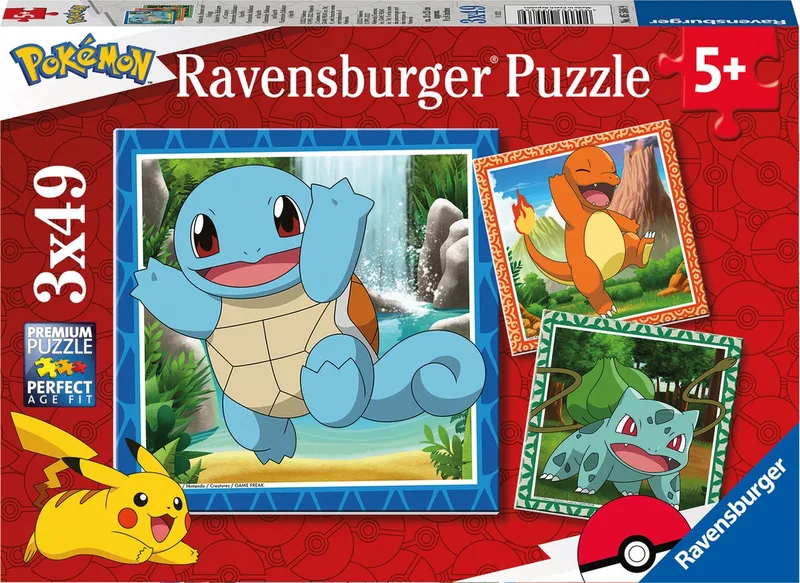 puzzel Pokémon - Legpuzzel - Drie puzzels - 49 stukjes - kinderpuzzel van Ravensburger, editie Meerkleurig – doos